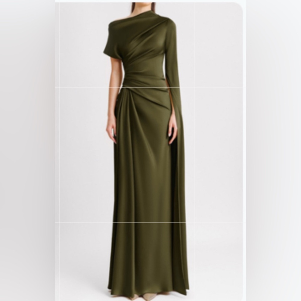 One-Shoulder Olive Maxi Gown with Draped Waist